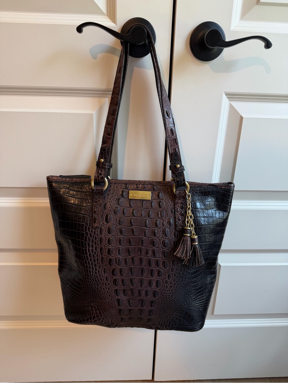 Brahmin Dark Brown Croc-Embossed Tote with Tassel Charm